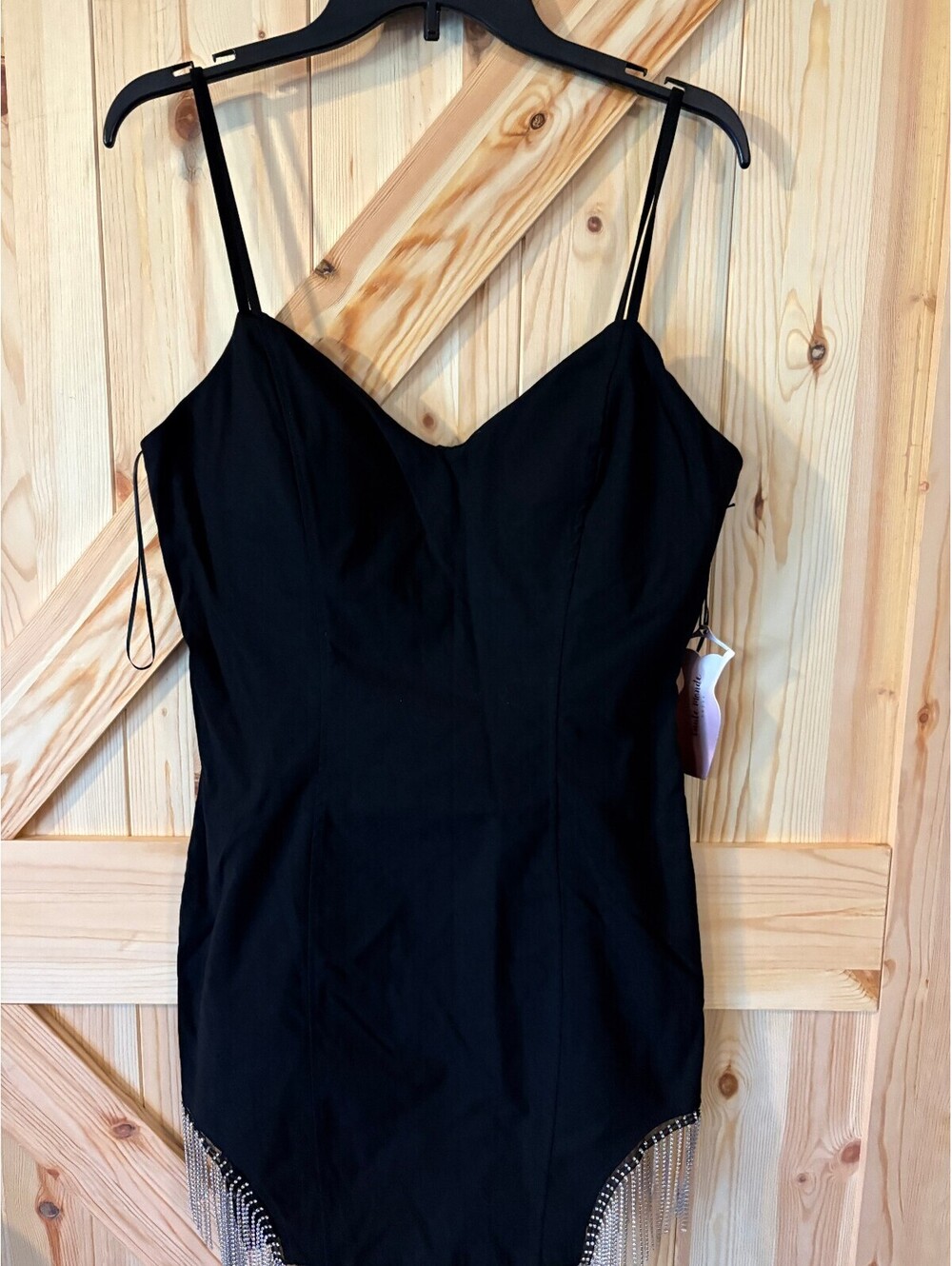 Haute Monde Black Spaghetti Strap Dress with Rhinestone Fringe Detail XL